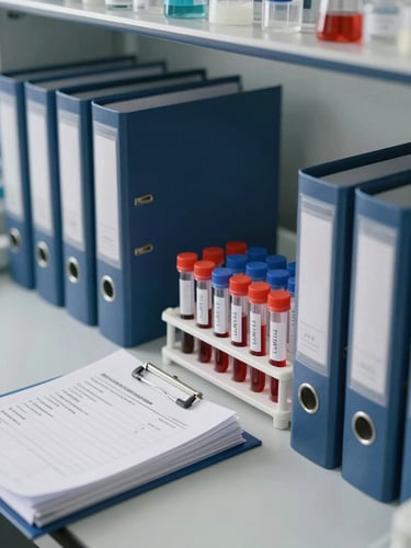 Close-up of organized clinical study documentation binders and labeled sample tubes in a modern laboratory rack, clean neutral daylight.