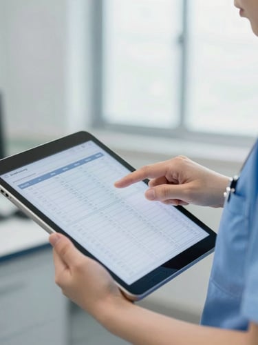 Close-up of a clinical coordinator in light blue scrubs holding a digital tablet, pointing to structured data tables, bright natural daylight, sterile professional background.
