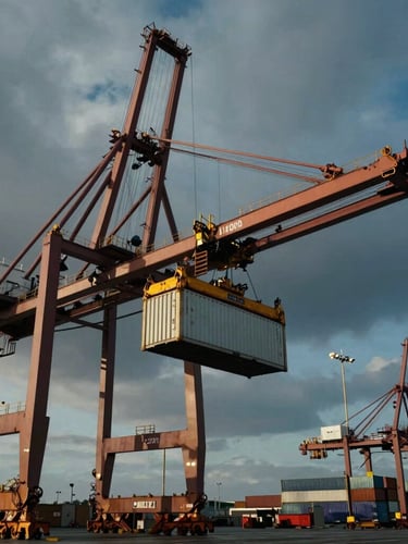 Low-angle cinematic shot of heavy port cranes lifting cargo container at Caldera port, dramatic overcast maritime sky, high-contrast industrial lighting, 35mm.