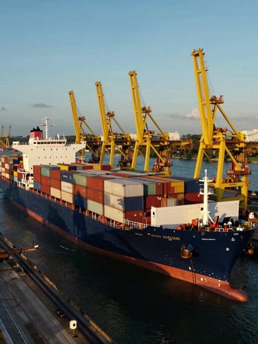 Cinematic wide-angle aerial drone shot of a massive container ship transiting the Panama Canal locks at golden hour, deep navy water, high-contrast industrial yellow cranes, 35mm.