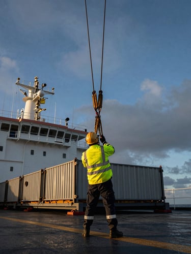 Low-angle dramatic shot of a maritime professional in high-visibility gear guiding cargo rigging on a ship deck, overcast sky, heavy industrial scale.