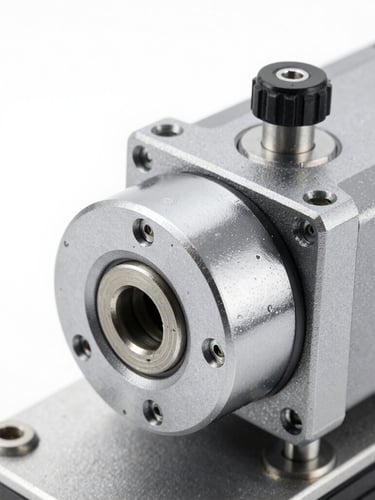 Close-up makro servo motor industri yang baru dipasang di lini produksi pabrik semen, pencahayaan studio terang, fokus tajam pada serial number, tekstur logam dingin.