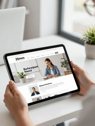 Bright editorial photography of a modern local business owner reviewing a clean website mockup on a tablet, crisp natural daylight, 35mm