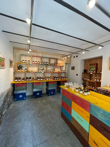 Interno del negozio di Casteldelfino della Mieleria Garnero con alveari come scaffali