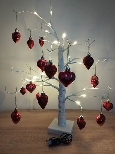 Lighted Valentine’s birch tree with 12 heart ornaments, USB and battery powered décor for home,