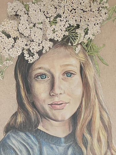 colored pencil drawing of girl with flower crown