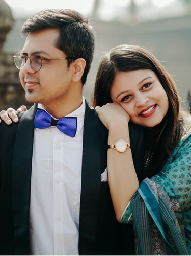 Pre wedding photo of a couple in a garden, capturing their love story