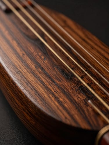Extreme macro close-up of a traditional Somali Kaban instrument, focusing on the polished dark wood grain and taut strings, dramatic side lighting with rich amber and gold tones.