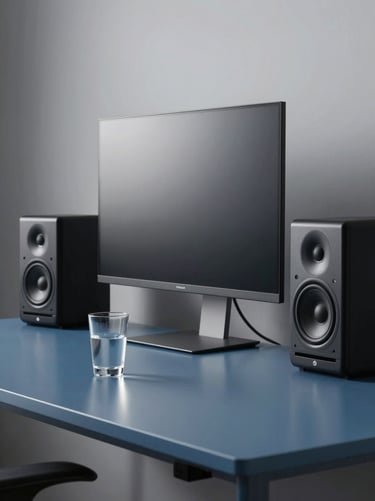 A sleek, minimalist workspace with a large monitor, high-end speakers, and a glass of water on a steel blue desk, professional and clean style.