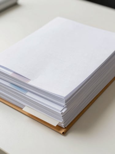 Overhead close-up of an organized deal folder on a clean cream desk, neatly stacked documents with labeled tabs, under bright even studio lighting