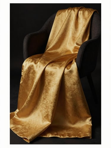 A high-fashion editorial close-up of structured golden Muga silk fabric draped over a dark sculptural chair, low-key lighting, rich texture.
