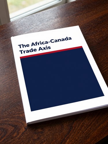 A clean, flat-lay composition of a printed policy report cover titled 'The Africa-Canada Trade Axis', resting on a dark mahogany desk, natural daylight, editorial documentary style