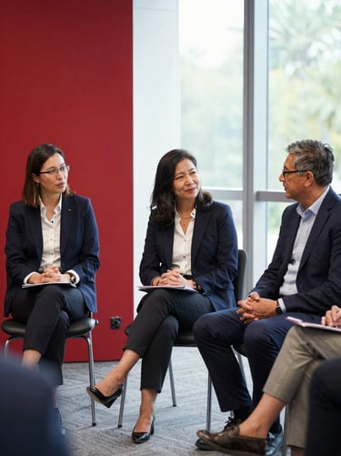 A professional academic panel discussion, speakers in active dialogue, natural daylight, 35mm lens