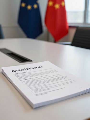 A professional close-up of a printed policy brief on critical minerals, resting on a clean conference table, crisp indoor lighting