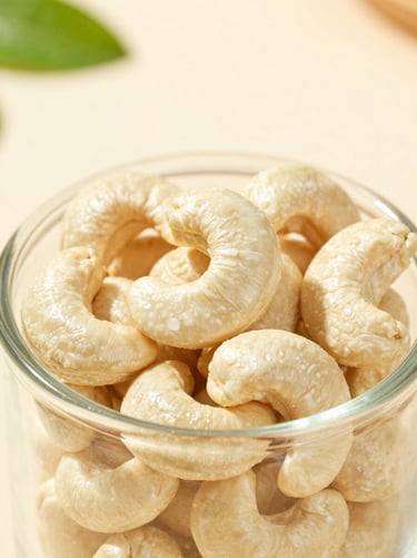 Macro eye-level portrait of pristine whole cashews in an elegant minimalist glass jar, soft natural daylight, cream background.