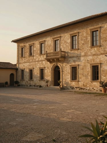 Wide cinematic shot of an Italian villa courtyard during the golden hour, long shadows, warm beige stone walls, a quiet and authentic atmosphere with a soft haze.