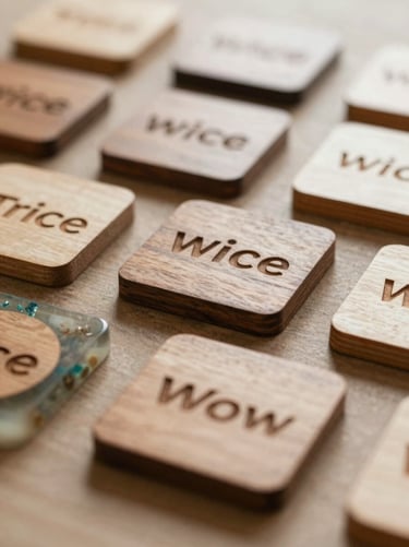 A collection of personalized gift items including engraved wood and resin coasters. The lighting is warm and inviting, showcasing the creative handmade feel of WickedKreations.