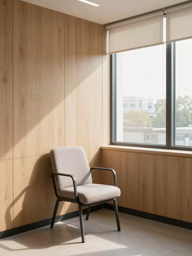 Environmental wide shot of a private medical consultation room — single chair beside a window, warm afternoon light on light oak panelling, no staff, no clutter, materials doing the signalling