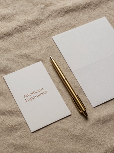 Overhead flat-lay of design materials on a warm linen surface — printed appointment card, a thin gold pen, and a folded brand guideline sheet, soft diffused light, no text legible, muted warm palette