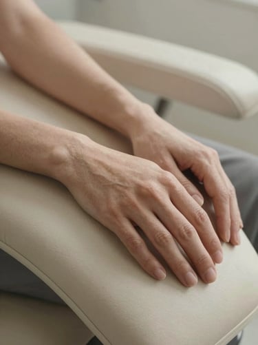 Intimate close-up of a patient's hands resting on a treatment chair armrest, soft diffused studio light, cream and warm grey tones, skin texture visible, calm and unhurried mood