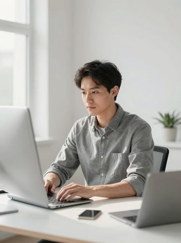Professional man at a clean workspace setup, natural daylight, desaturated cool tones, portrait aspect