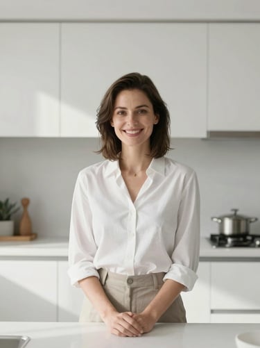 Professional woman in a bright modern kitchen, smiling, natural daylight, desaturated cool tones, portrait aspect