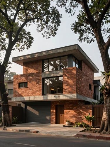 Modernist brick and exposed concrete villa in New Delhi, surrounded by mature banyan trees, soft diffused morning light.