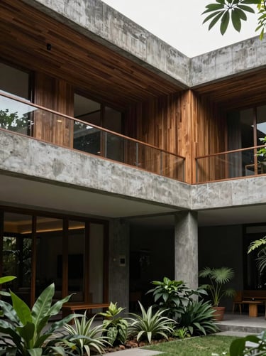 Modernist villa in Bangalore, architectural concrete beams, integrated indoor garden, soft overhead skylight illuminating natural teak details.
