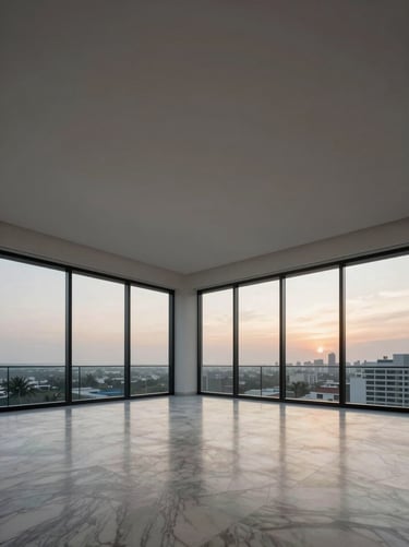 Minimalist interior of a penthouse in Mumbai, double-height ceilings, raw marble floors, floor-to-ceiling glass overlooking a soft twilight horizon.
