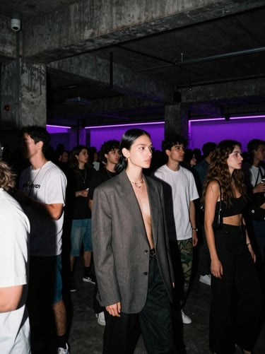 Low-light flash photography of a fashion-forward crowd in a concrete industrial venue, neon purple accents, high contrast, motion blur