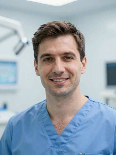 Close-up portrait of Dr. Radostin Vasilev, a professional male dentist in clean blue scrubs, friendly expression, bright clinical setting, soft blue tones, shallow depth of field.