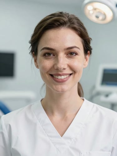 Close-up portrait of Dr. Elena Petrova, a professional female dentist in clean white scrubs, smiling warmly, bright natural daylight, modern dental clinic background, professional 35mm.