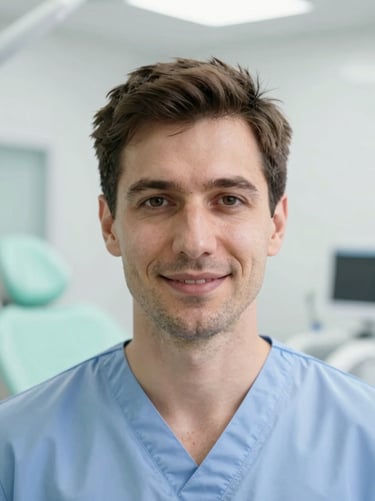 Close-up portrait of Dr. Simeon Todorov, a professional male dentist with a compassionate look, wearing medical scrubs, soft studio lighting with subtle mint green accents, high-end dental clinic.