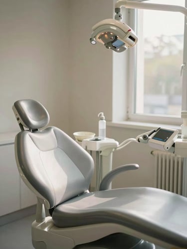 Clean, non-threatening modern dental cabinet, soft window light streaming in, warm minimalist aesthetic, no harsh clinical lighting.