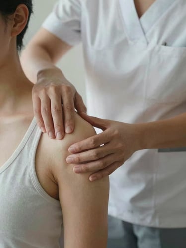 Hands-on physiotherapy adjustment on a shoulder, soft natural light, professional therapist in clean uniform, focus on precise and gentle care.
