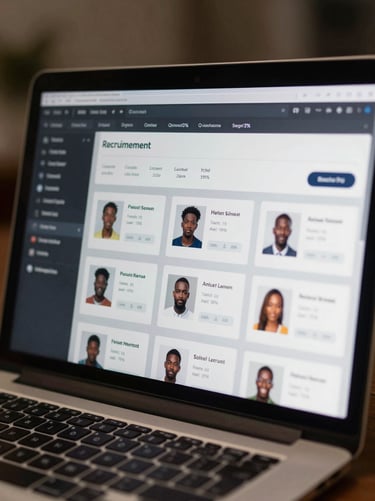 Extreme close-up of a laptop screen displaying a recruitment dashboard with African candidate profile cards, skill tags and match percentage indicators, cool LED workspace lighting, shallow depth, dark interface