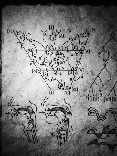 High-contrast scan of linguistic phoneme diagrams and phonetic vowel charts of County Durham dialect, charcoal black ink on raw paper, dramatic low-key side lighting, 35mm film grain
