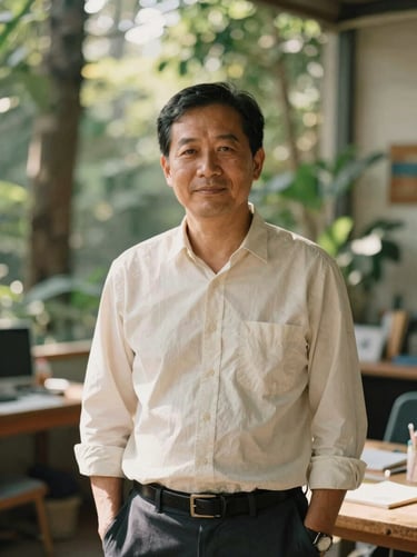 A medium portrait of a community leader in a warm, sunlit workspace, natural daylight, soft forest tones, authentic editorial style