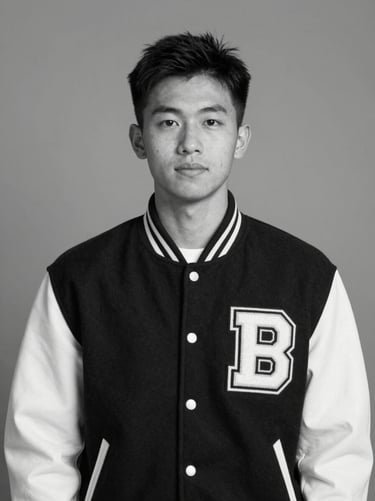 A black and white professional photo of the student-athlete in a letterman jacket, representing academic pride and community leadership. The composition is clean and polished, highlighting a well-rounded candidate.