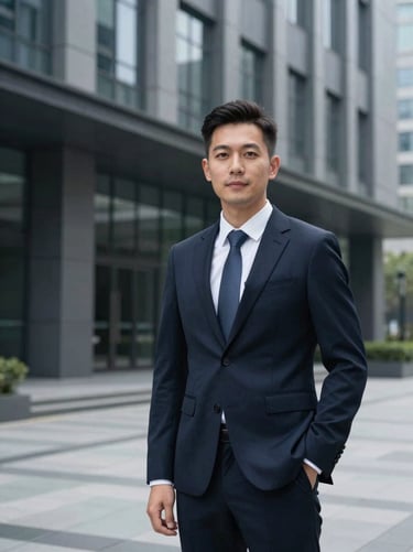 Environmental portrait of a male financial advisor, professional posture, soft daylight, architectural background, 35mm