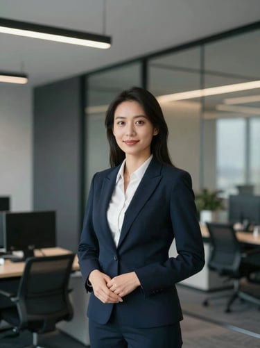 Environmental portrait of a female human resources director, warm professional lighting, modern corporate workspace, 35mm