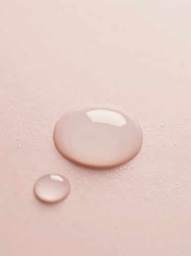 Macro shot of clean water droplets on a smooth surface, soft pink background, elegant texture