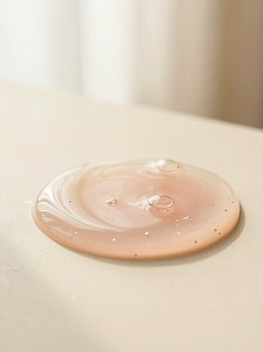 Macro shot of a clear gel texture with tiny bubbles, warm cream background, soft lighting
