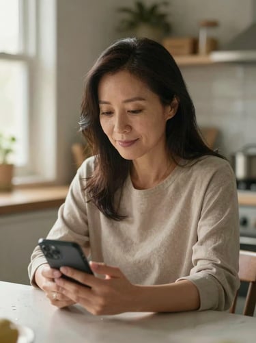 Medium shot from slightly above, adult daughter in her 40s sitting at a kitchen table, looking down at her smartphone with a calm, relieved expression, warm afternoon window light from the left, soft bokeh background of a home interior, genuine candid moment not posed