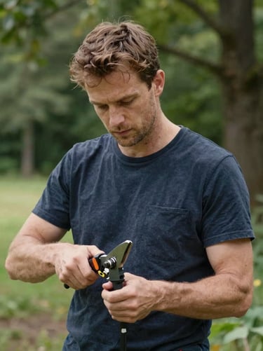 Portrait de Thomas, compagnon paysagiste qualifié, en tenue de travail propre, ajustant un sécateur de précision dans un parc arboré.