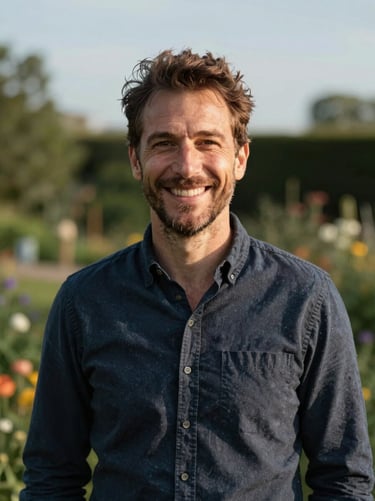 Portrait de Mathieu, fondateur de Nomad Paysage, souriant chaleureusement en extérieur dans un jardin structuré, lumière naturelle de fin de journée.