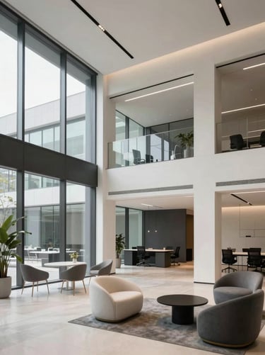 A wide shot of a contemporary office lobby with glass walls and minimalist furniture. The color scheme is dominated by off-white and dark gray, capturing a sophisticated business atmosphere for a Global / Digital Professional.