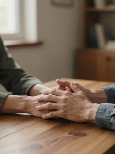 Close environmental shot of two pairs of hands resting on a wooden table in a warmly lit room, soft north-facing daylight from the left, one hand slightly open suggesting attentive conversation, calm and unhurried, shallow depth of field