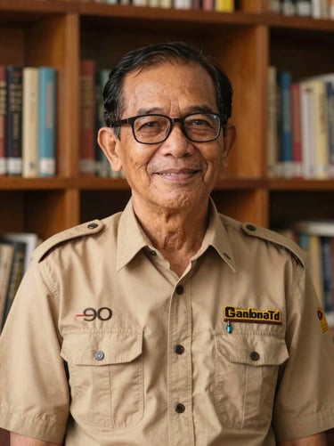 Respectful medium shot of an elderly male Indonesian teacher with glasses, wearing a neat safari shirt, smiling kindly, soft indoor lighting, bookshelves behind him.