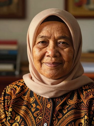Close-up portrait of a senior Indonesian female teacher wearing a hijab and traditional batik, smiling warmly, soft golden-hour light, cozy study room background.